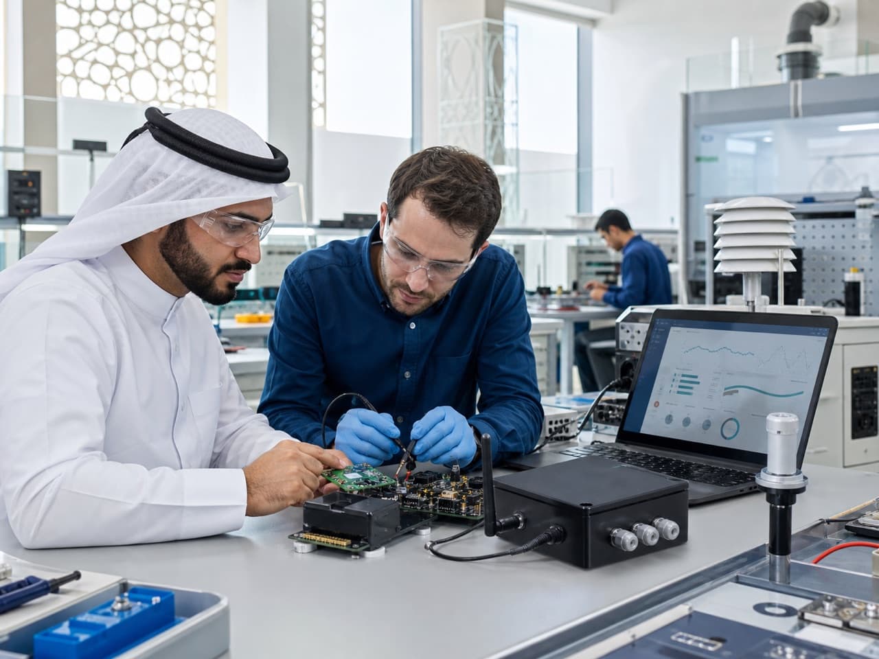 Engineers calibrating connected sensor hardware and an edge gateway in a modern research laboratory.